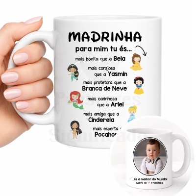 Caneca branca personalizada com texto e várias ilustrações de princesas e foto de criança.