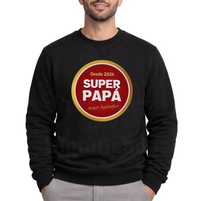 Sweatshirt preta com estampa redonda vermelha e dourada com texto SUPER PAPÁ