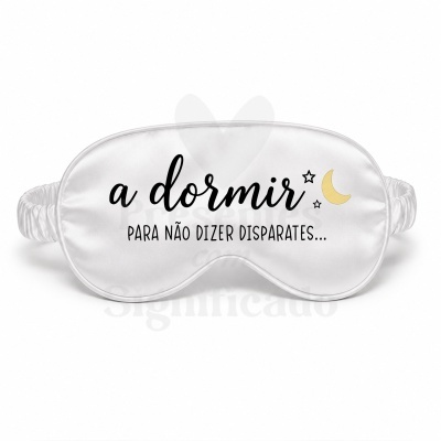 Máscara de dormir branca com texto e ilustrações