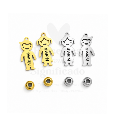 Pendentes de boneco dourados e prateados com texto Nome e pequenos anéis.