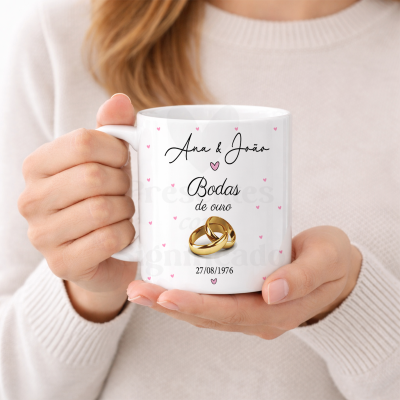 Caneca branca personalizada para bodas de ouro com nomes Ana & João e data 27/08/1976