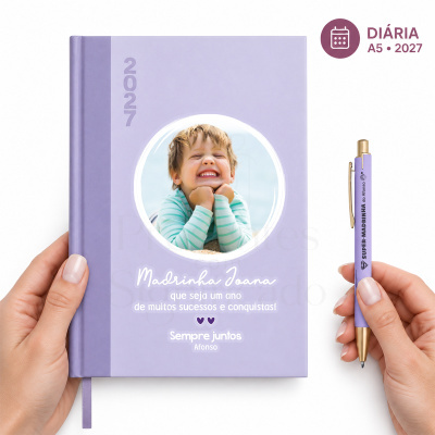 Agenda diária 2027 A5 lavanda com foto de criança e caneta personalizada