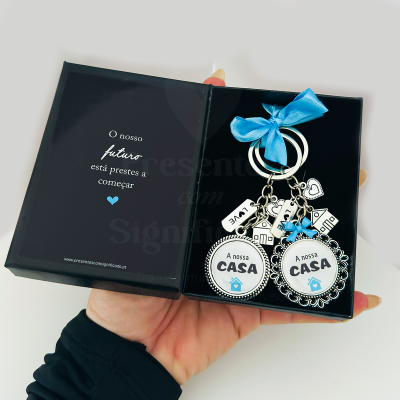 Chaveiro metálico com pendentes diversos e caixa preta com texto em português.