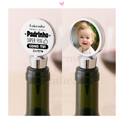 Tampa de garrafa de vinho personalizada com texto e fotografia