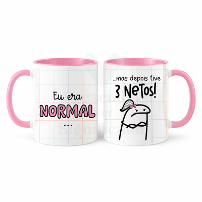 Caneca branca com interior e pega cor-de-rosa e texto humorístico sobre netos