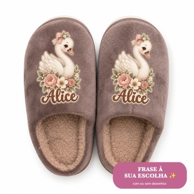 Chinelos castanhos com cisne e nome Alice