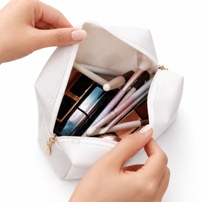 Necessaire branca com pincéis de maquilhagem e caixas de cosméticos