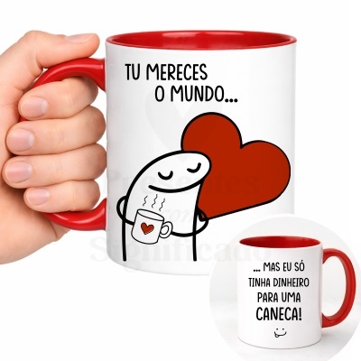Caneca branca com interior e pega vermelha, desenhos e texto em português