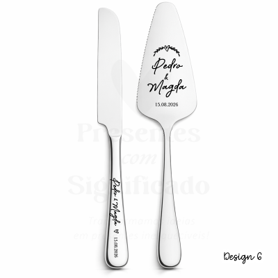 Conjunto de faca e espátula de bolo personalizadas em metal prateado