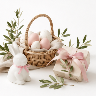 Cesta com ovos decorativos, coelho branco com laço rosa e caixas de presente com fita rosa e ramos verdes
