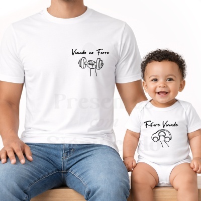 Conjunto de t-shirt branca para pai e body branco para bebé com desenhos e texto relacionados com desporto e treino