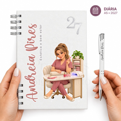 Agenda branca com ilustração de manicure e caneta personalizada