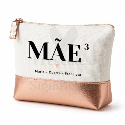 Necessaire branca com base rosa ouro e texto personalizado para mãe