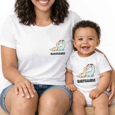 T-shirts brancas para mãe e bebé com dinossauros e texto MAMASSAURUS e BABYSAURUS