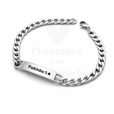 Pulseira prateada com corrente grossa e chapa com gravação Padrinho 5★