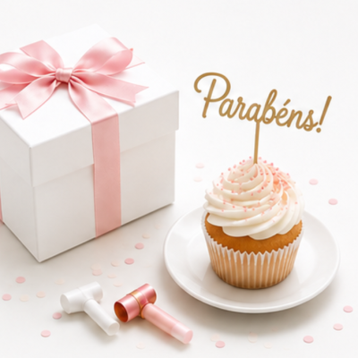 Cupcake com cobertura branca e palito Parabéns, caixa de oferta branca com laço rosa e apitos sobre fundo branco com confetes rosa