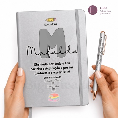 Caderno cinzento personalizado com elástico e caneta prateada personalizada