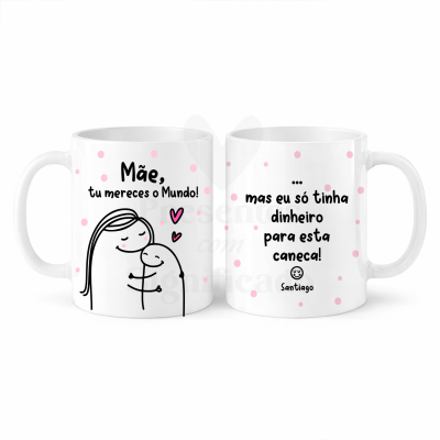 Duas canecas brancas com bolinhas cor-de-rosa e textos para mãe.