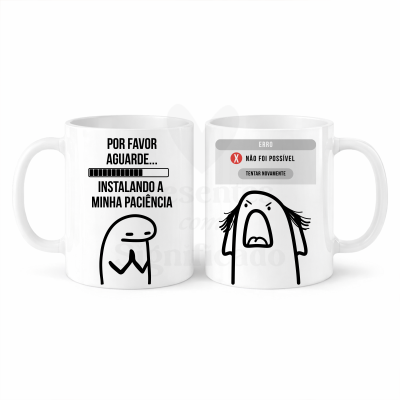 Conjunto de duas canecas brancas com texto e desenhos a preto sobre paciência e erro.