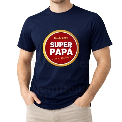T-shirt azul escura com estampa Super Papá em vermelho e dourado