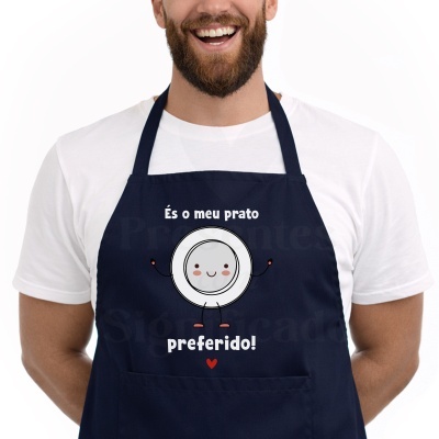Avental azul escuro com ilustração de prato sorridente e texto na frente