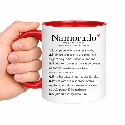 Caneca branca com interior e pega vermelhos e texto em português sobre Namorado.