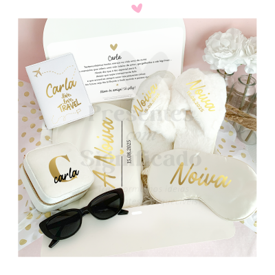 Conjunto personalizado para noiva com chinelos, máscara de dormir, nécessaire, toalha, óculos de sol e mensagem