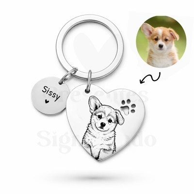 Chaveiro metálico com pendentes em forma de coração e círculo com desenho de cão e texto Sissy