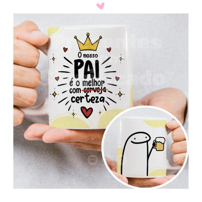 Caneca branca decorada com texto e ilustrações de coroa, coração e personagem a segurar cerveja