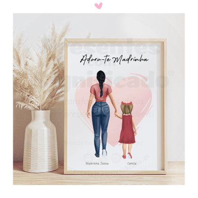 Poster com mulher e menina de costas segurando mãos, texto adoro-te madrinha