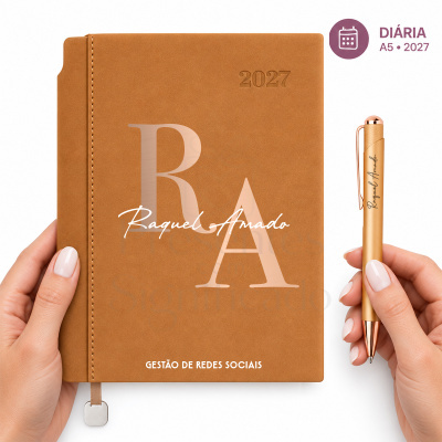 Agenda diária A5 2027 castanha texturada com caneta dourada