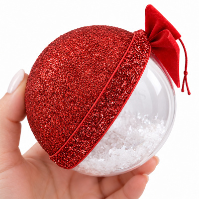 Bola de Natal transparente com tampa vermelha glitter e laço vermelho