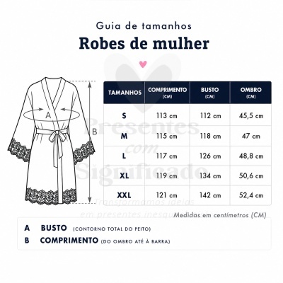 Guia de tamanhos de robes de mulher com tabela de medidas em centímetros