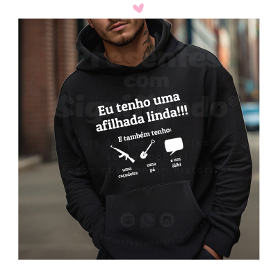 Sweatshirt preta com capuz e estampado branco com texto e imagens de ferramentas