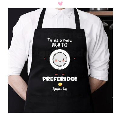 Avental preto com desenho de prato sorridente e texto em português.