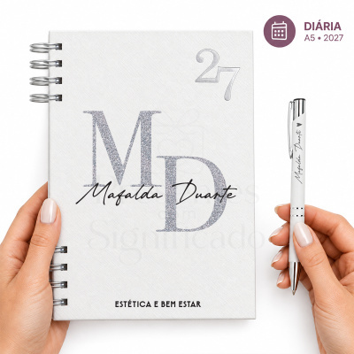 Agenda diária branca A5 com caneta personalizada
