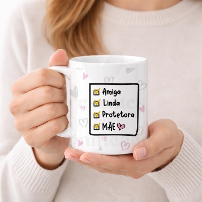 Caneca branca com texto Amiga Linda Protetora MÃE e corações rosa e cinzentos