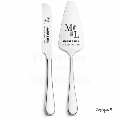Conjunto de faca e espátula metálica com gravação personalizada em preto
