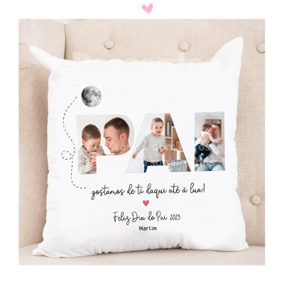 Almofada branca personalizada com fotos e texto para o Dia do Pai
