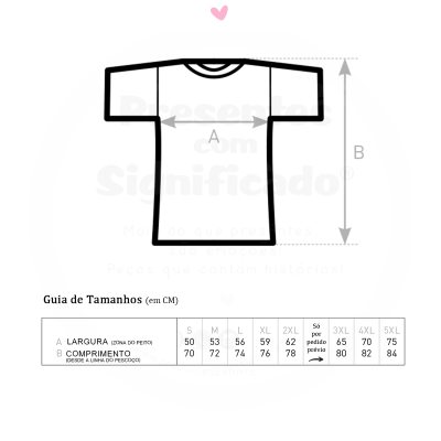 Guia de tamanhos para t-shirt branca com medidas de largura e comprimento em centímetros.