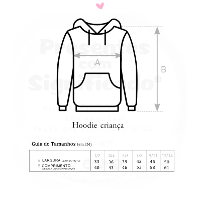 Desenho de hoodie infantil com tabela de tamanhos em cm