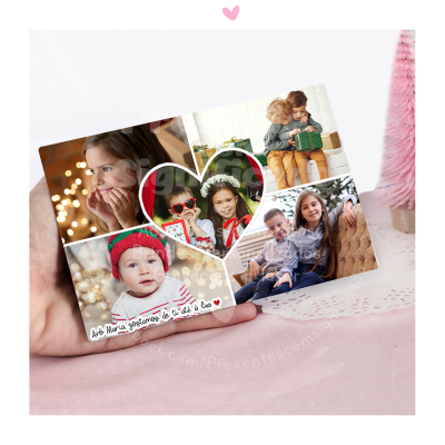 Postal personalizado com fotos de crianças e mensagem escrita à mão
