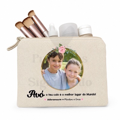 Necessaire creme com pincéis, frascos e foto personalizada para avó com texto de carinho.