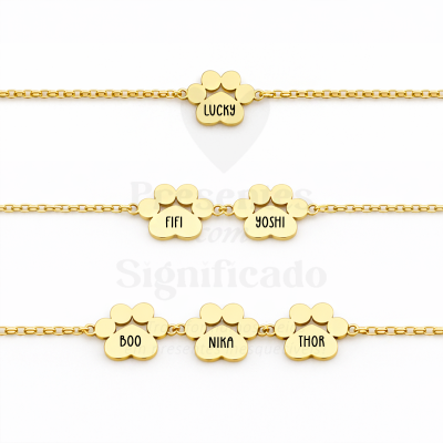 Pulseiras douradas com pendentes em forma de pata com nomes gravados