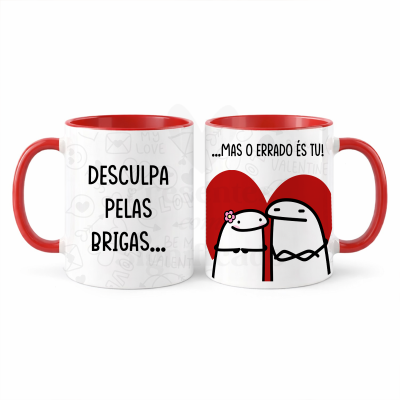 Conjunto de duas canecas brancas com interior vermelho e texto em português.