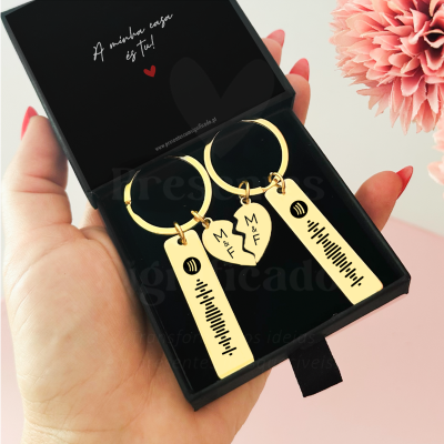 Conjunto de porta-chaves dourados com coração partido e códigos de barras numa caixa preta com frase