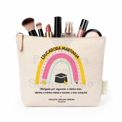 Necessaire de algodão com mensagem para educadora e produtos de maquilhagem