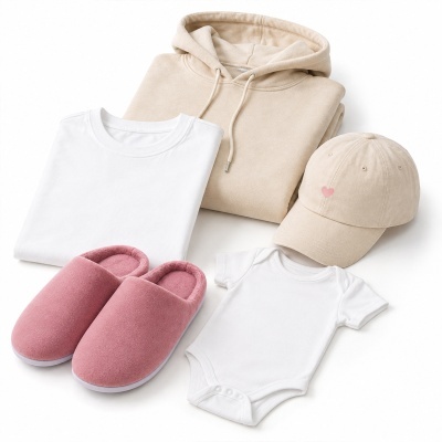 conjunto de roupa com hoodie bege, t-shirt e body brancos, chinelos rosa e boné bege com coração