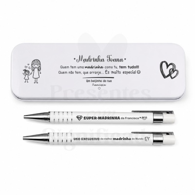 Estojo metálico branco com canetas personalizadas para madrinha