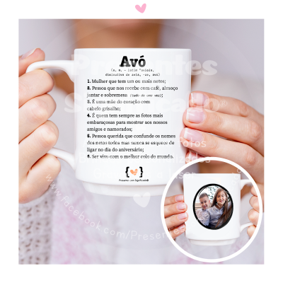 Caneca branca com texto sobre avó e foto de duas pessoas sorrindo